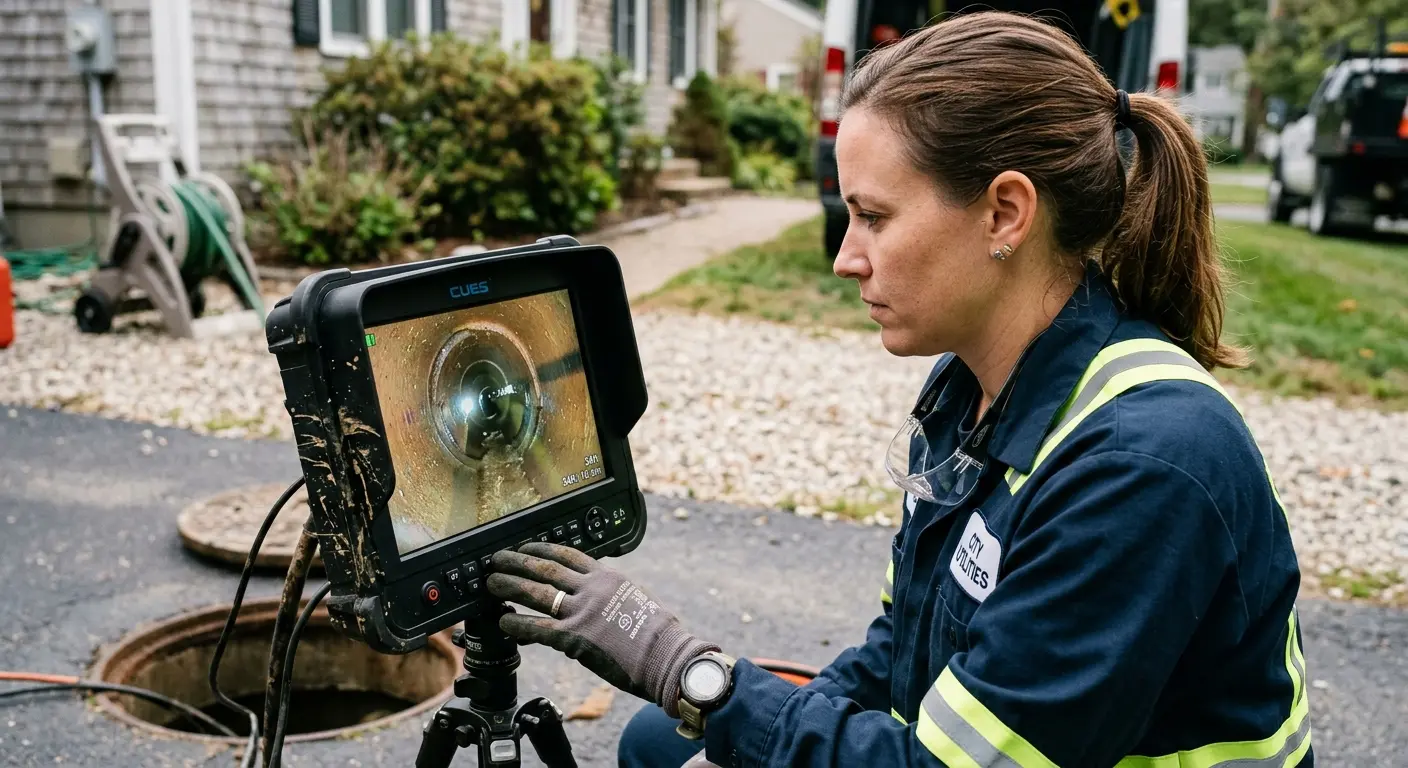 Technician reviewing sewer camera inspection footage in Howell
