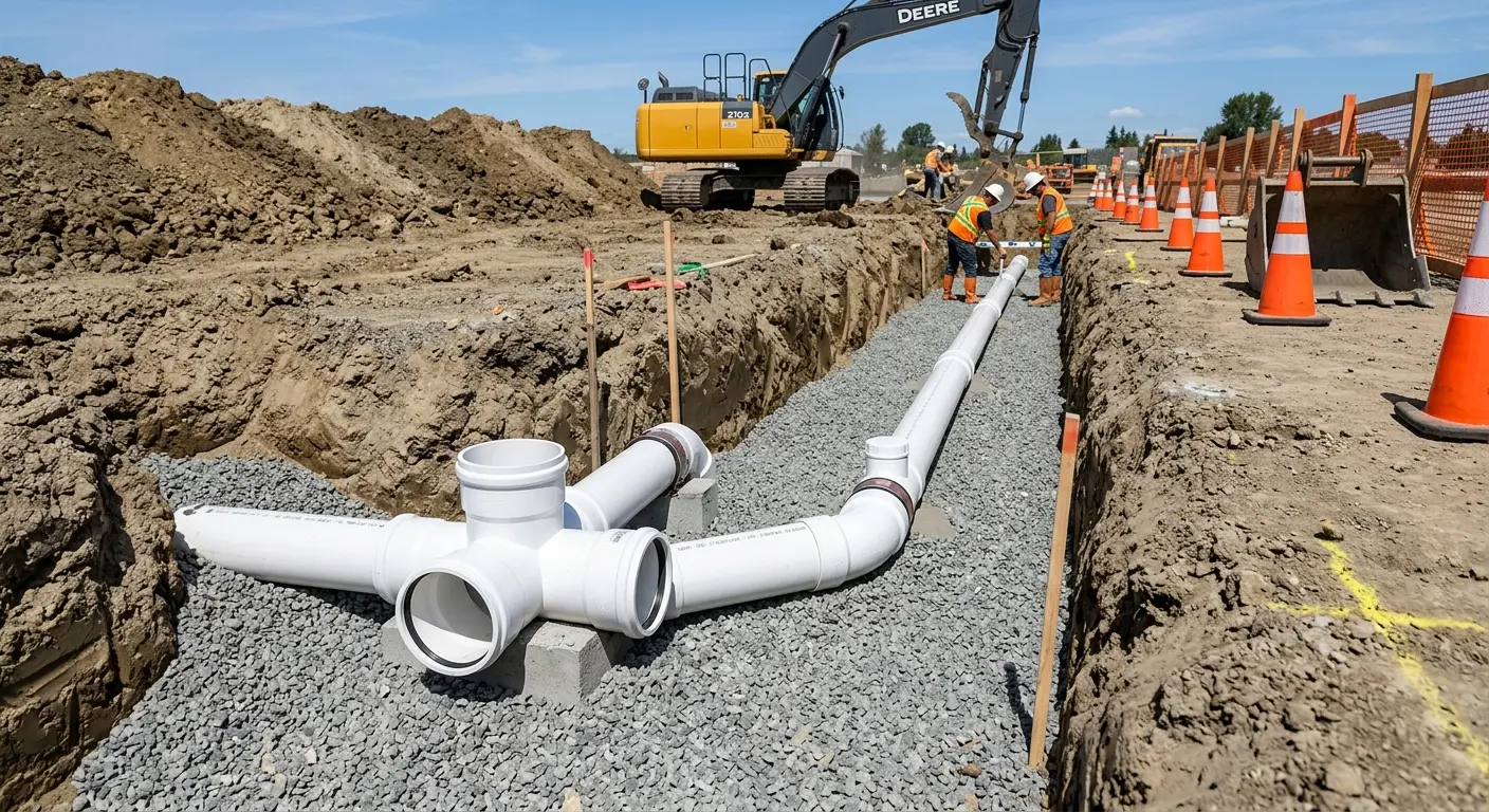 New PVC sewer pipe installation in open trench for Sewer Backup in Howell