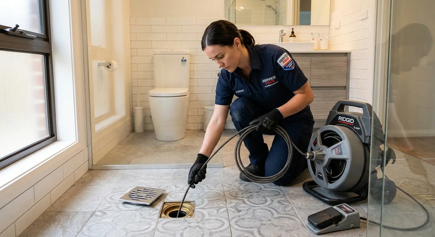 Technician clearing a bathroom floor drain for Hydro Jetting in Howell